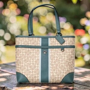 Coach Chelsea Tote Bag Heritage Stripe Signature Teal & Khaki Coated Canvas